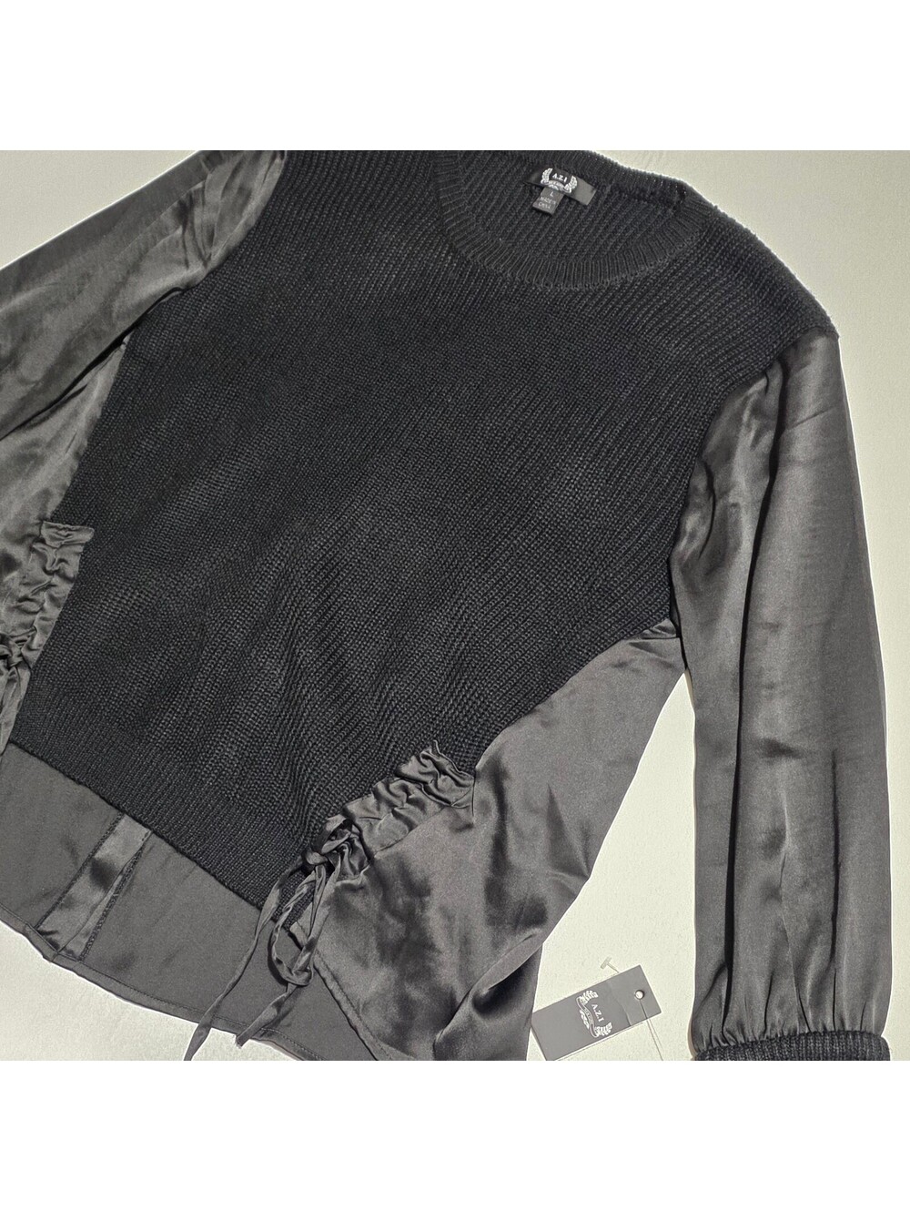 NWT AZI New York Black Mixed Media Ribbed Satin Drawstring Sweater Large